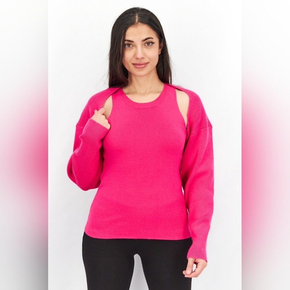 Lucy Paris Women 2 Pieces Round Neck Top With Connell Layered Bolero Shrug Sweat